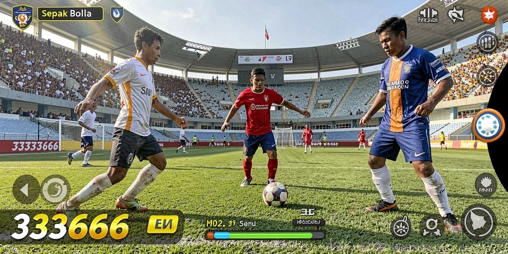 Screenshot gameplay 333666 yang menampilkan aksi seru di lapangan sepak bola.