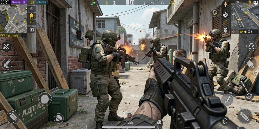 Screenshot gameplay 55RT yang menampilkan pertempuran taktis mendebarkan.