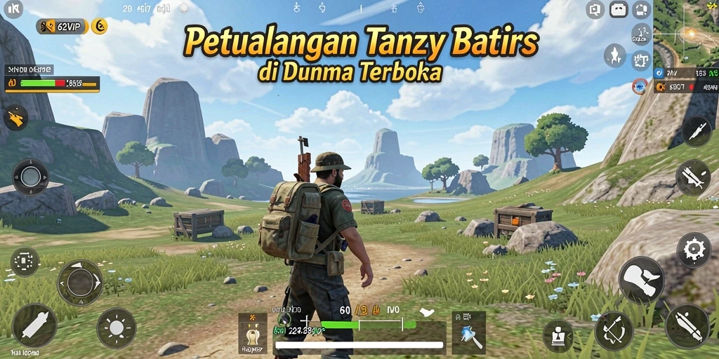 Screenshot gameplay 62VIP menampilkan pemandangan indah dunia terbuka.