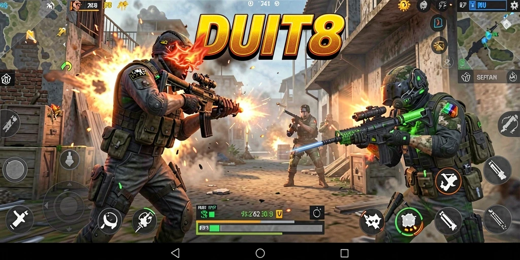 Gameplay mendebarkan DUIT8 dengan pertempuran FPS yang intens.