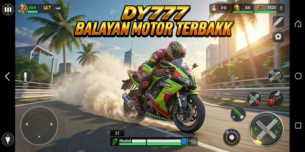 Tampilan gameplay DY777 dengan balapan motor yang intens.