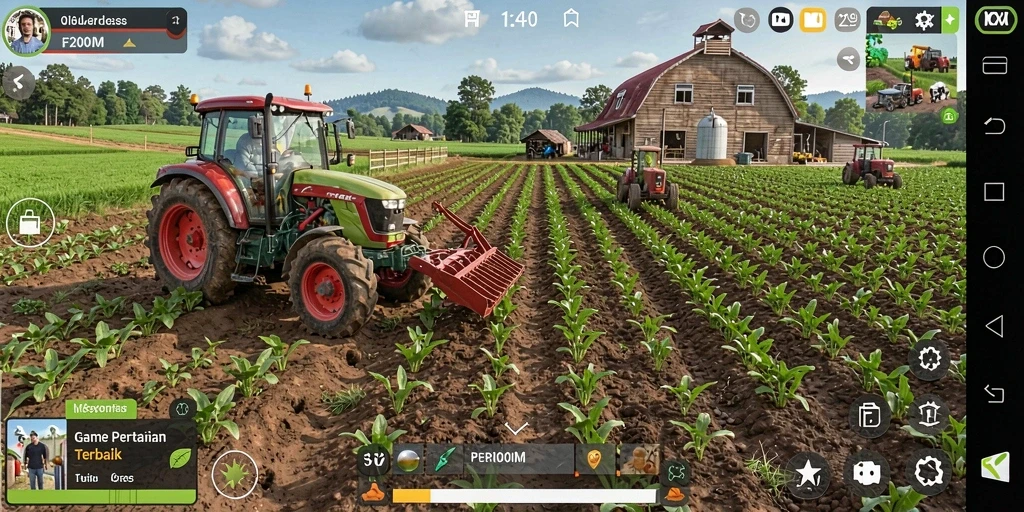 Tampilan gameplay F200M dengan lahan pertanian yang indah.