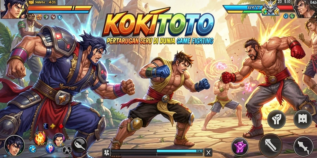 Screenshot utama KOKITOTO menampilkan pertarungan seru antara karakter terpilih.