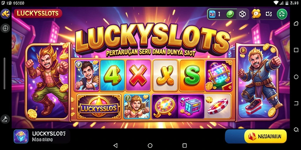 Tampilan gameplay LUCKYSLOTS dengan pertarungan dinamis dan slot menarik.