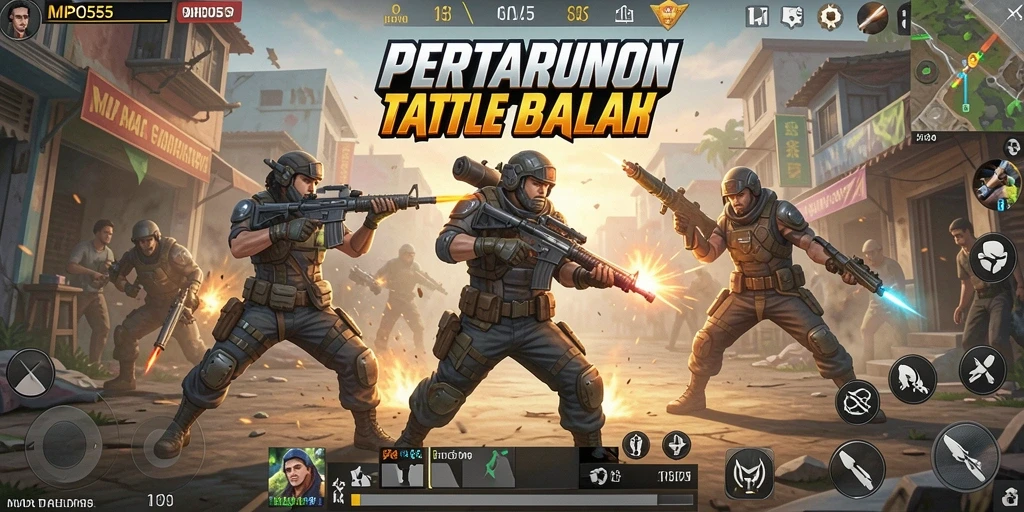 Screenshot gameplay MPO555 menunjukkan aksi menegangkan dalam pertempuran Battle Royale.