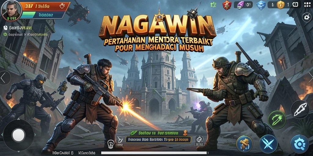 Screenshot NAGAWIN menampilkan menara dan musuh dalam pertempuran Tower Defense.