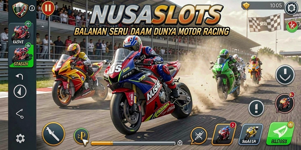 Screenshot gameplay NUSASLOTS menampilkan balapan motor yang seru dan menegangkan.
