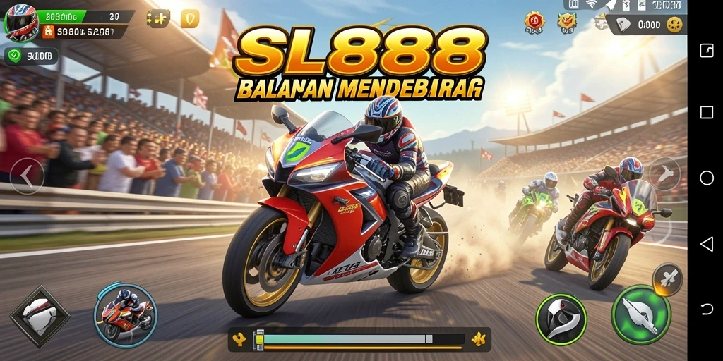 Screenshot menunjukkan gameplay mendebarkan balapan motor SL888.
