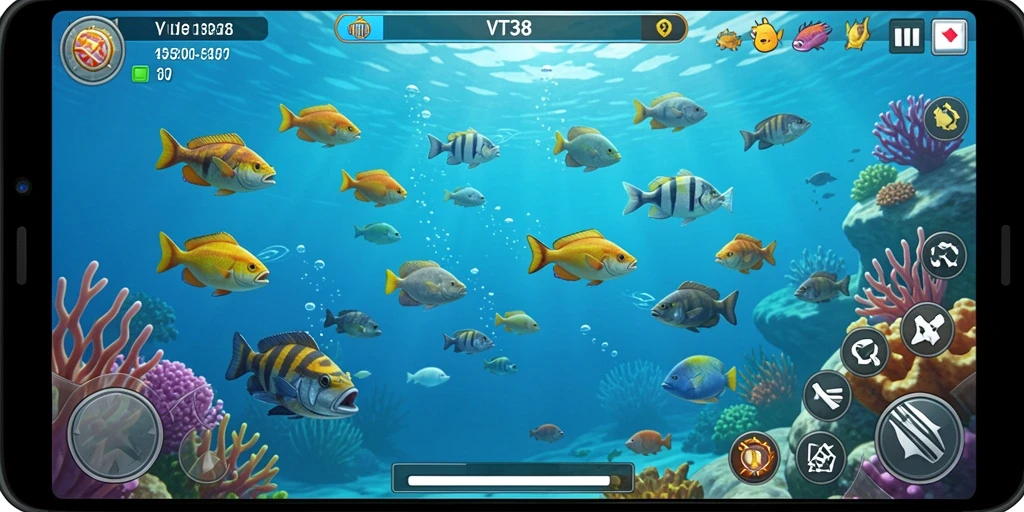 Tampilan gameplay VT38 dengan aksi menembak ikan yang seru.
