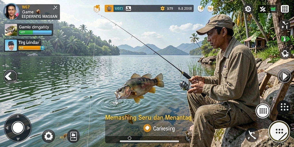 Screenshot utama W67 menampilkan aksi memancing yang seru dan menggembirakan.